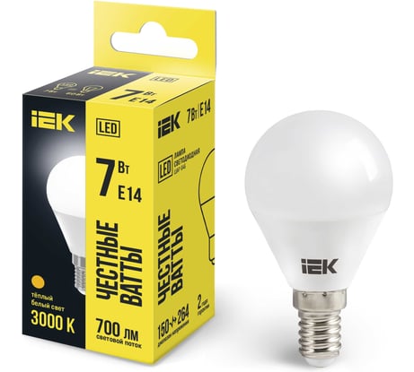 Лампа IEK LED G45 шар 7 Вт 230 В 3000К E14 LLE-G45-7-230-30-E14