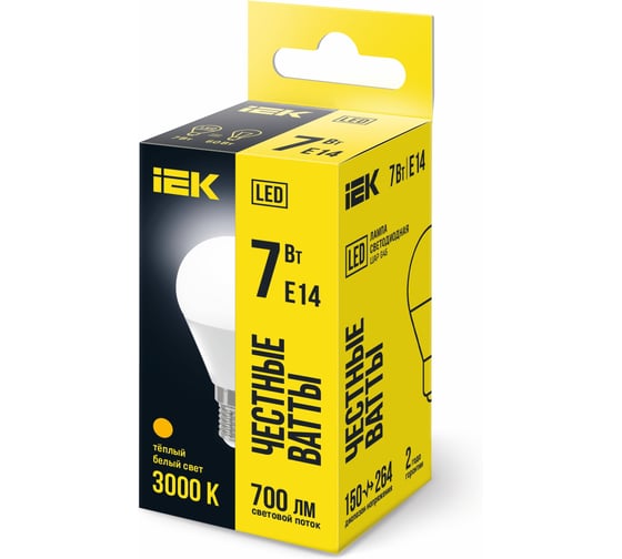 Лампа IEK LED G45 шар 7 Вт 230 В 3000К E14 LLE-G45-7-230-30-E14