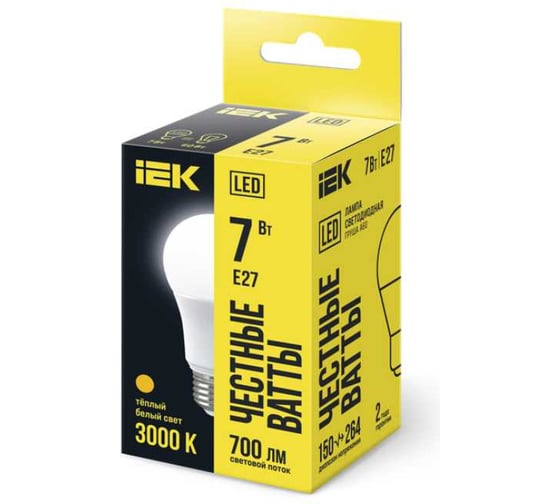 Лампа IEK LED A60 шар 7 Вт 230 В 3000К E27 LLE-A60-7-230-30-E27