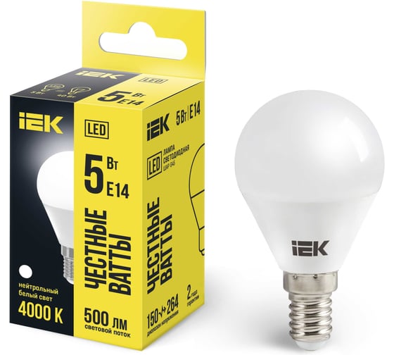 Лампа IEK LED G45 шар 5 Вт 230 В 4000К E14 LLE-G45-5-230-40-E14