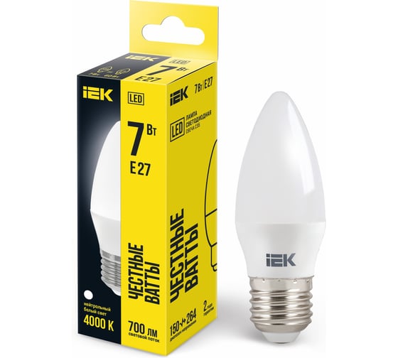 Лампа IEK LED C35 свеча 7 Вт 230 В 4000К E27 LLE-C35-7-230-40-E27