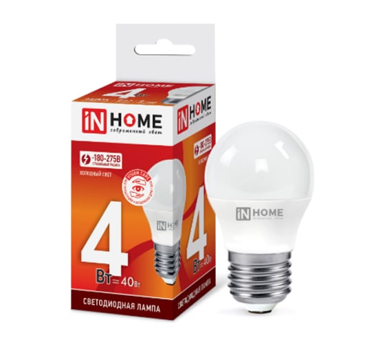 Светодиодная лампа IN HOME LED-ШАР-VC 4Вт, 230В, Е27, 6500К, 360Лм 4690612030616