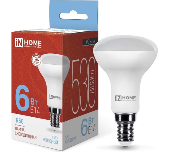 Светодиодная лампа IN HOME LED-R50-VC 6Вт, 230В, Е14, 6500К, 530Лм 4690612031156 1