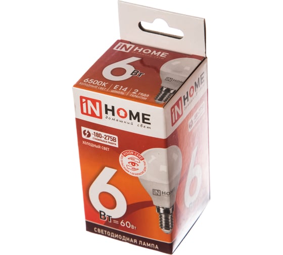 Светодиодная лампа IN HOME LED-ШАР-VC 6Вт, 230В, Е14, 6500К, 540Лм 4690612030630