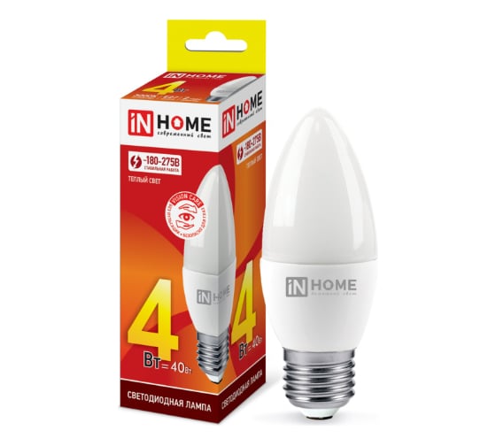 Светодиодная лампа IN HOME LED-СВЕЧА-VC 4Вт, 230В, Е27, 3000К, 360Лм 4690612030111 1