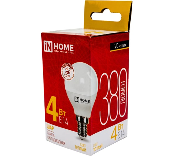Светодиодная лампа IN HOME LED-ШАР-VC 4Вт, 230В, Е14, 3000К, 380Лм 4690612030517