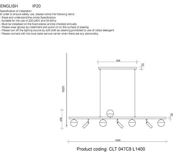 Подвесная люстра Crystal lux CLT 047C8 L1400 BL-GO