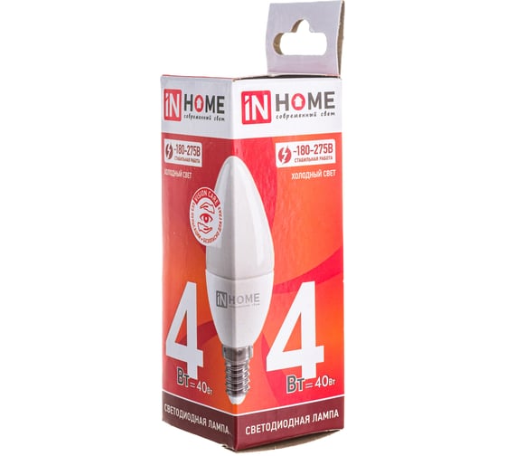 Светодиодная лампа IN HOME LED-СВЕЧА-VC 4Вт, 230В, Е14, 6500К, 360Лм 4690612030135