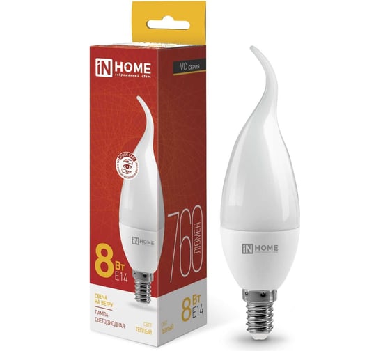 Светодиодная лампа IN HOME LED-СВЕЧА НА ВЕТРУ-VC 8Вт 230В Е14 3000К 760Лм 4690612030418