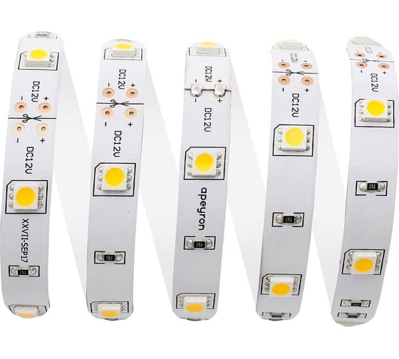 Светодиодная лента APEYRON 12В, 7.2Вт/м, smd5050, 30д/м, IP20, 600Лм/м, теплый белый 437