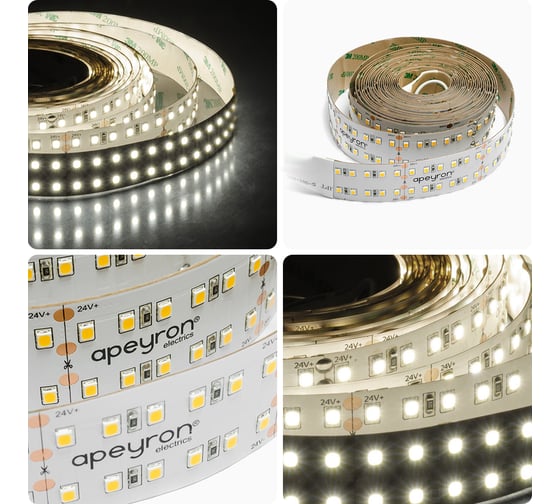 Светодиодная лента Apeyron 24В, 42Вт/м, smd2835, 240д/м, IP20, 4200Лм/м, подложка 30мм, 5м, 3000К 00-306