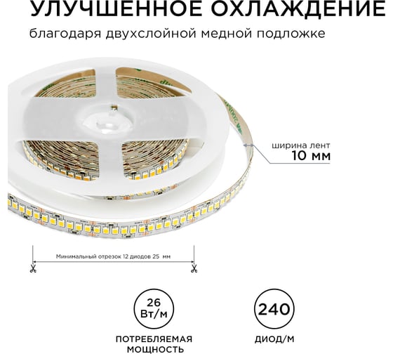 Светодиодная лента Apeyron 24В, 24Вт/м, smd2835, 240д/м, IP20, 2700Лм/м, подложка 10мм, 5м, 6500К 00-302