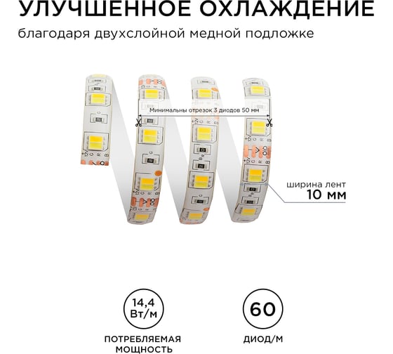 Светодиодная лента APEYRON 12В, 14.4Вт/м, smd5050, 60д/м холодный белый+теплый белый 117