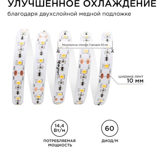 Светодиодная лента APEYRON 12В, 14.4Вт/м, smd2835, 60д/м, IP20, 600Лм/м, теплый белый 115