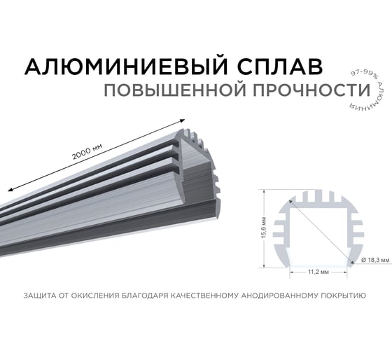 Алюминиевый круглый профиль APEYRON для светодиодной ленты, 2м. индивидуальная упаковка 08-18