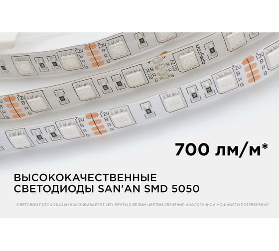 Светодиодная лента APEYRON в блистере, 12В, 14,4 Вт/м, smd 5050, 60 д/м, IP65, 5м, RGB 12BL