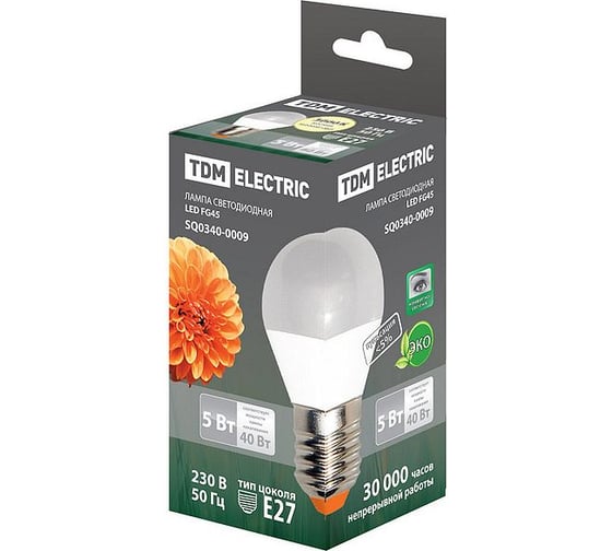 Светодиодная лампа TDM ELECTRIC FG45-5 Вт-220 В-3000 К–E27 SQ0340-0009