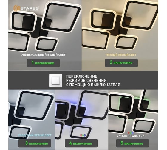 Управляемая светодиодная люстра ESTARES OVAL RGB 75W 5S-APP-725x500x93-BLACK/WHITE-220-IP20 Ч УУО00004821