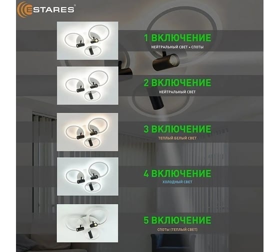 Управляемая светодиодная люстра ESTARES SONNE downlight 80W 4R-APP бел./черн. УУО00004987