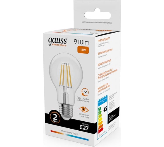 Лампа Gauss Filament Elementary А60 11W 910lm 2700К Е27 LED 1/10/50 22211