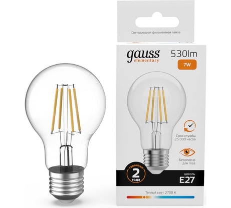 Лампа Gauss Filament Elementary А60 7W 530lm 2700К Е27 LED 1/10/50 22217