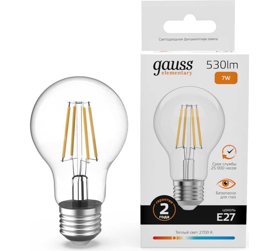 Лампа Gauss Filament Elementary А60 7W 530lm 2700К Е27 LED 1/10/50 22217 32044506