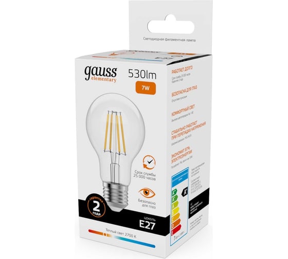 Лампа Gauss Filament Elementary А60 7W 530lm 2700К Е27 LED 1/10/50 22217
