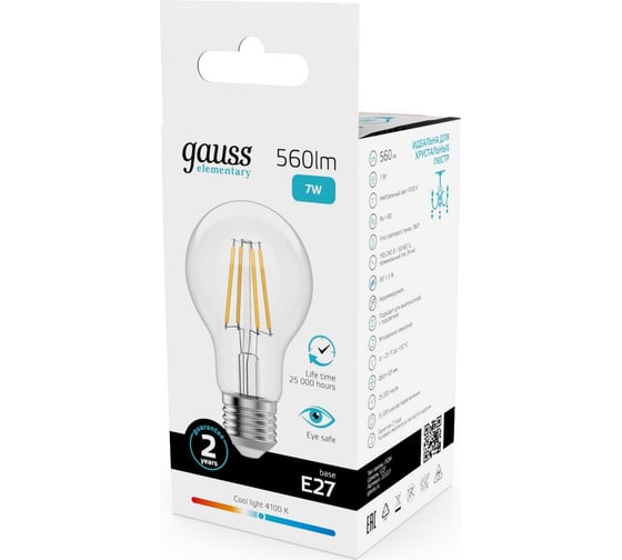 Лампа Gauss Filament Elementary А60 7W 560lm 4100К Е27 LED 1/10/50 22227