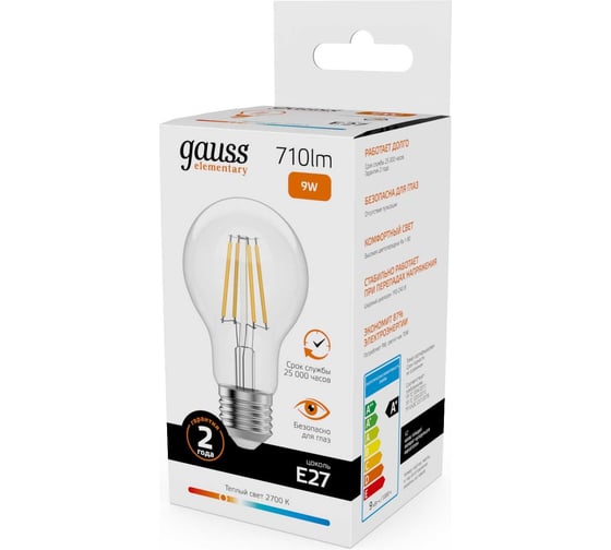 Лампа Gauss Filament Elementary А60 9W 710lm 2700К Е27 LED 1/10/50 22219