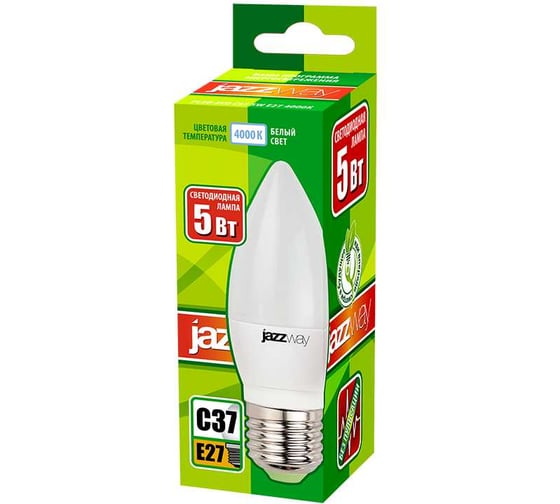 Светодиодная лампа Jazzway PLED-ECO 5Вт C37 свеча 4000К нейтральный белый E27 400лм 230В/50Гц 2855329A