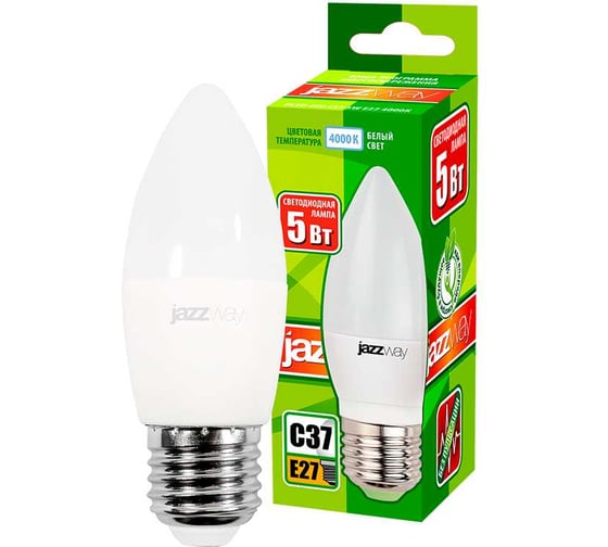 Светодиодная лампа Jazzway PLED-ECO 5Вт C37 свеча 4000К нейтральный белый E27 400лм 230В/50Гц 2855329A