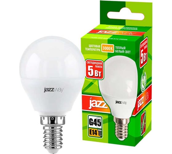 Светодиодная лампа Jazzway PLED-ECO 5Вт G45 шар матовая 3000К теплый белый E14 400лм 230В/50Гц 1036896A