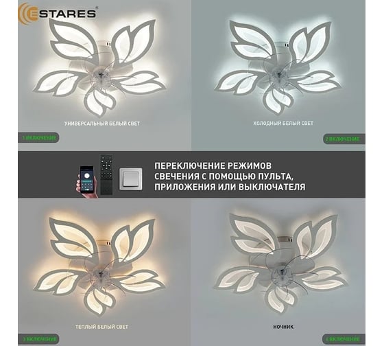 Управляемая светодиодная люстра с вентилятором ESTARES FAN ASTRA 100W+18W 5F-APP УУО00005077