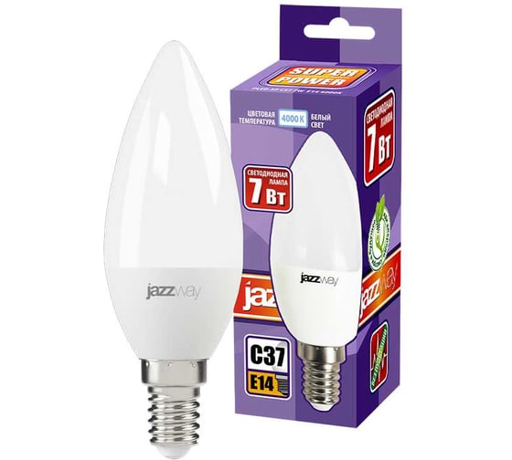 Светодиодная лампа Jazzway PLED-SP 7Вт C37 свеча 4000К нейтральный белый E14 560лм 230В/50Гц 5018884