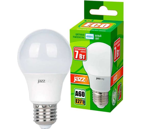Светодиодная лампа Jazzway PLED-ECO 7Вт A60 грушевидная 4000К нейтральный белый E27 610лм 230В/50Гц 1033185