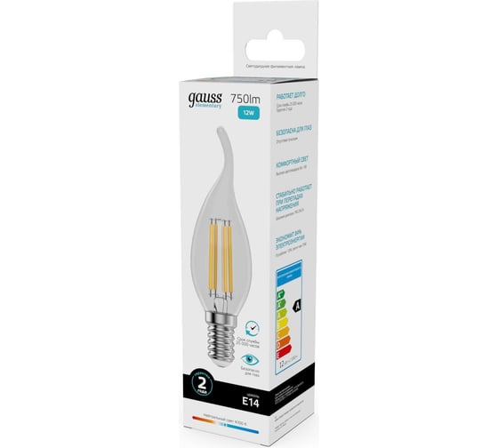 Лампа Gauss Filament Elementary Свеча на ветру 12W 750lm 4100К Е14 LED 1/10/100 42122