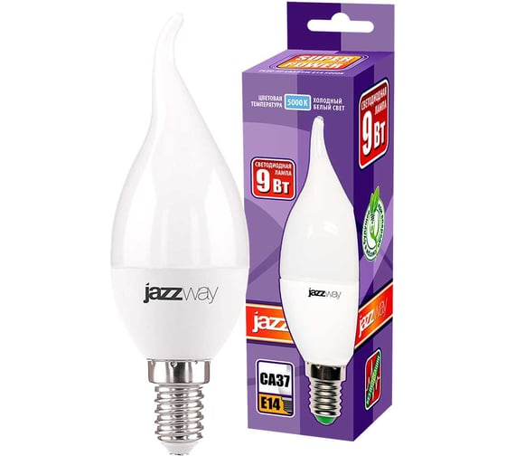 Светодиодная лампа Jazzway PLED-SP 9Вт CA37 свеча на ветру 5000К холодный белый E14 820лм 230В/50Гц 2859549A 1