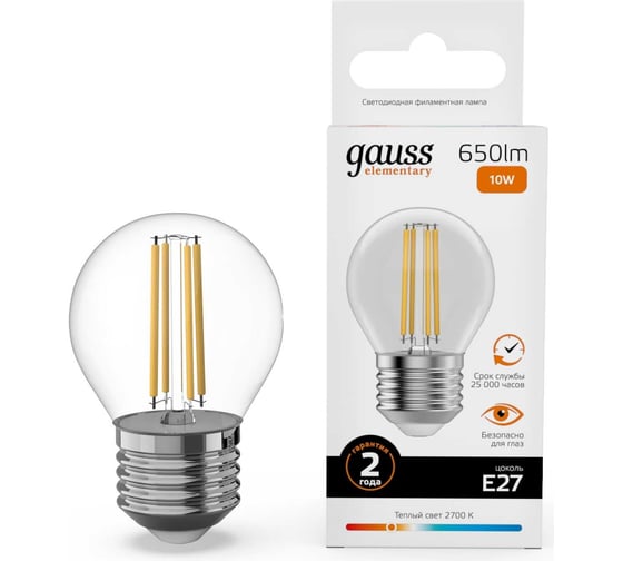 Лампа Gauss Filament Elementary Шар 10W 650lm 2700К Е27 LED 1/10/100 52210 32044422