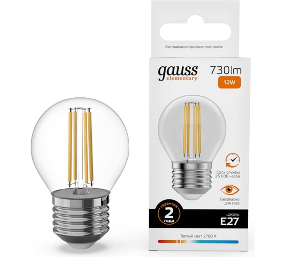 Лампа Gauss Filament Elementary Шар 12W 730lm 2700К Е27 LED 1/10/100 52212 32044524