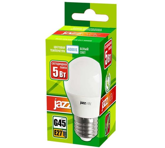 Светодиодная лампа Jazzway PLED-ECO 5Вт G45 шар матовая 4000К нейтральный белый E27 400лм 230В/50Гц 1036988A