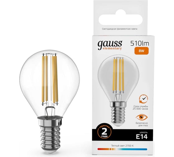 Лампа Gauss Filament Elementary Шар 8W 510lm 2700К Е14 LED 1/10/100 52118 32044518