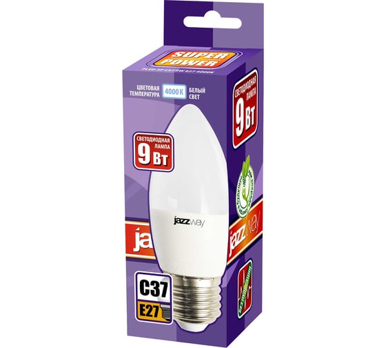 Светодиодная лампа Jazzway PLED-SP 9Вт C37 свеча 4000К нейтральный белый E27 820лм 230В/50Гц 5019065