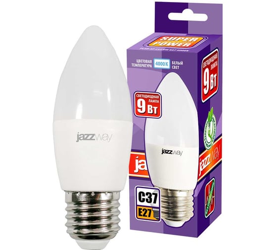 Светодиодная лампа Jazzway PLED-SP 9Вт C37 свеча 4000К нейтральный белый E27 820лм 230В/50Гц 5019065