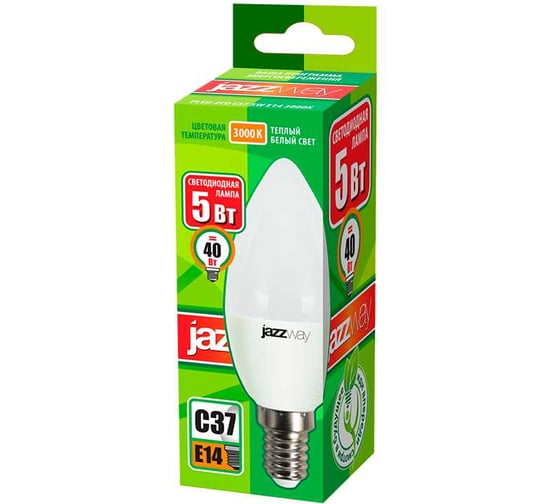 Светодиодная лампа Jazzway PLED-ECO 5Вт C37 свеча матовая 3000К теплый белый E14 400лм 230В/50Гц 1036834A