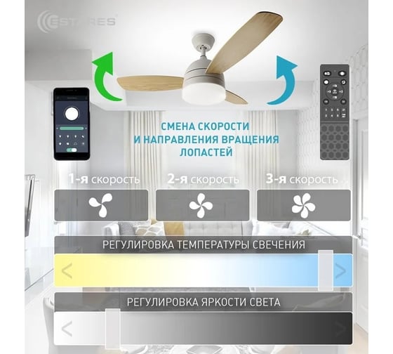 Управляемая светодиодная люстра с вентилятором ESTARES FAN WOOD 48W+18W R-APP УУО00004894