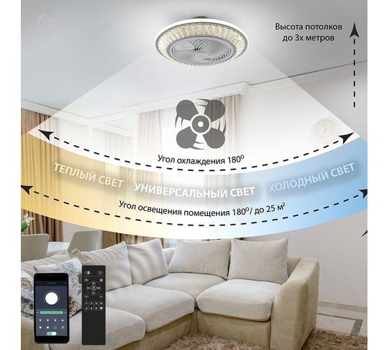 Управляемая светодиодная люстра с вентилятором ESTARES FAN CRYSTAL 120W-31W УУ000003723