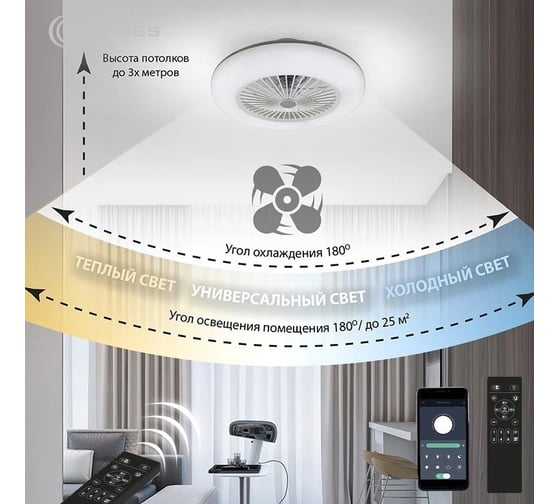 Управляемая светодиодная люстра с вентилятором ESTARES FAN ONE 80W+35W-550x200-white/white-220-IP20 УУ000003492