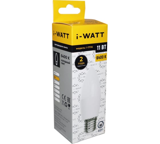 Светодиодная лампа I-WATT 11Вт 6400К 165-265V С37 E27 свеча i-17116