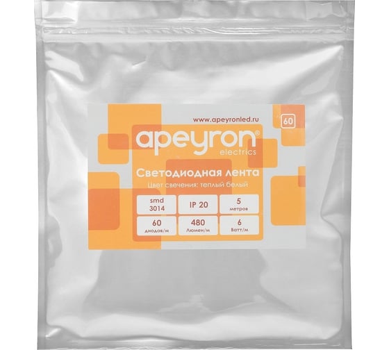 Светодиодная лента APEYRON 12В, 7.2Вт/м, smd3014, 60д/м, IP20, 700Лм/м, теплый белый 60