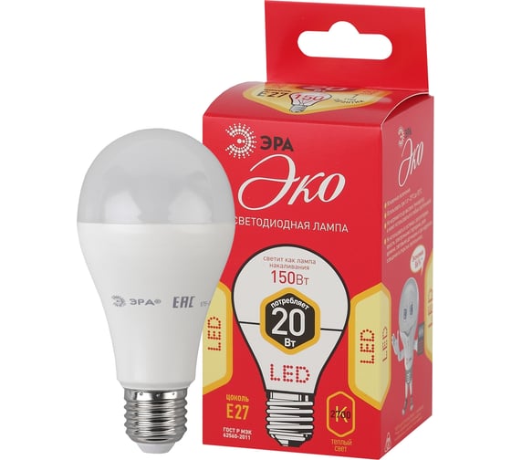 Светодиодная ламап ЭРА ECO LED A65 20W 827 E27 диод, груша, 20Вт, теплый, E27 Б0031709